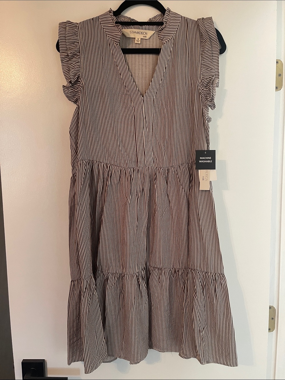 Brown and Ivory Striped Ruffle Sleeve Dress